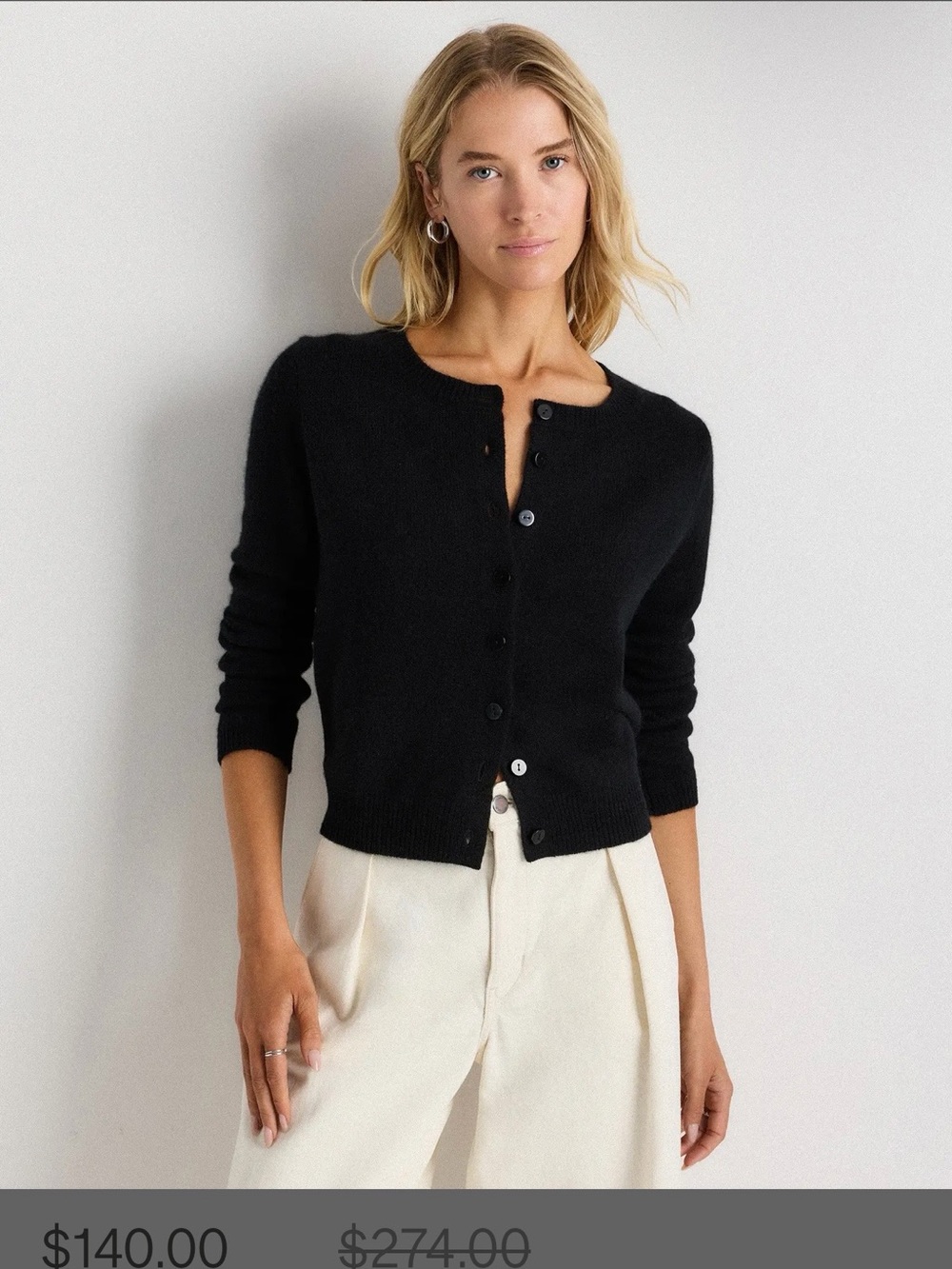 Quince Black Button-Up Crewneck Cardigan